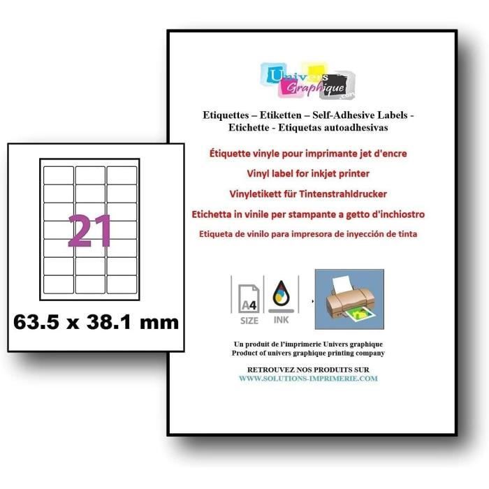 2100 étiquettes Adhésives 63,5x38,1 Mm - Lot De 100 Feuilles Avec 21 étiquettes Par Page - Autocollants Permanents Blancs Mat Pour Imprimantes Jet D'encre Et Laser