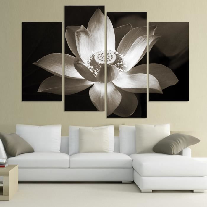 4panel Art moderne mur art décoration imprimée fleur peinture toile  encadrement frameless noir et blanc simple fleur de lotus (Un... - Achat /  Vente tableau - toile - Cdiscount