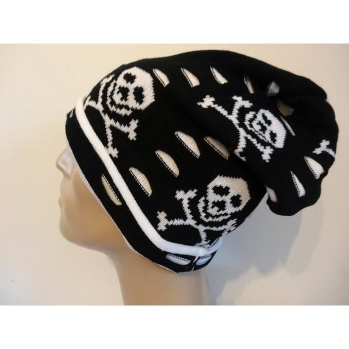 Bonnet Crocheté Femme En Coton - Motif Tête De Mort Et Fleurs - Taille Adulte - Neuf Avec Étiquette