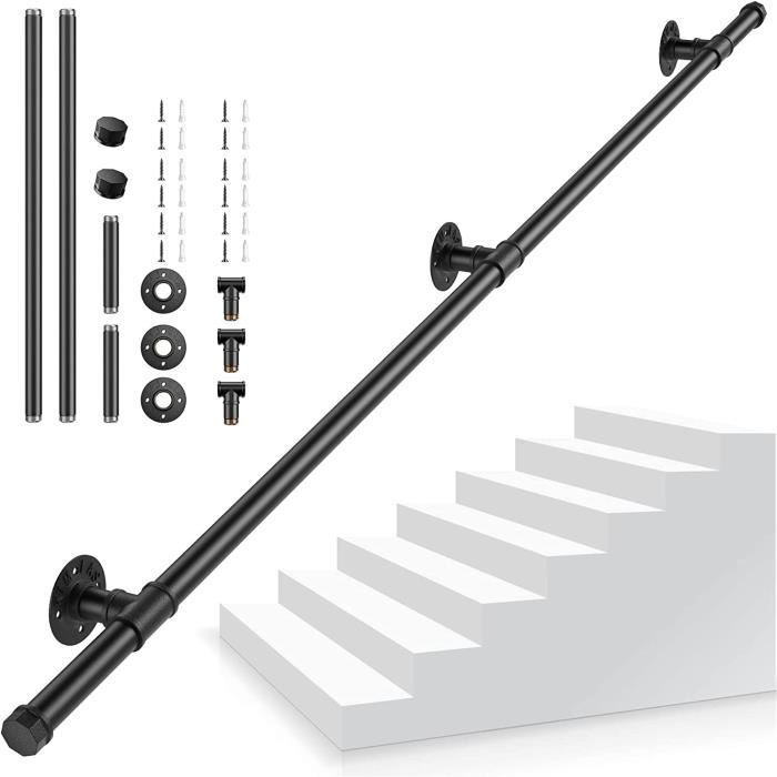 Main Courante D'escalier Murale En Bois Massif - Longueur 1m à 4m, Support Acier Inox - Pour Intérieur/extérieur, Sécurité Anti-chute