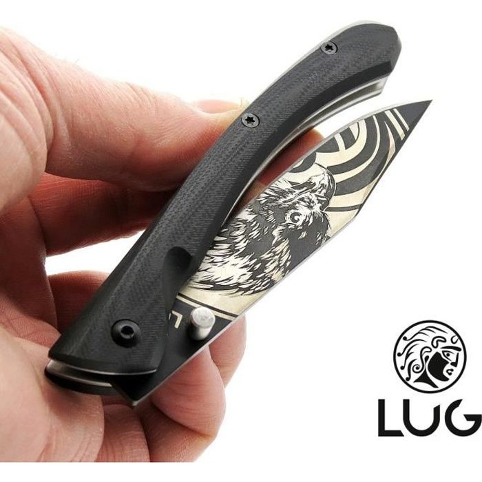 Couteau acier finition titane gris plaquette centrale résine g10 noir motif «aigle américain»