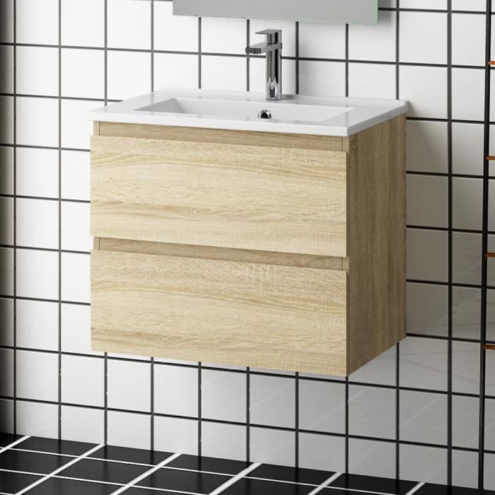 Meuble Salle De Bain 50x40x49cm 2 Tiroirs Meuble Suspendu Avec La Vasque Couleur Bois Cdiscount Maison