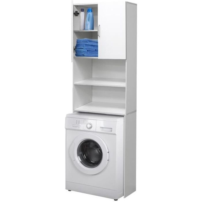 Meuble buanderie pour lave-linge et sèche-linge, avec rangements hauts,  Blanc brillant, M6.0