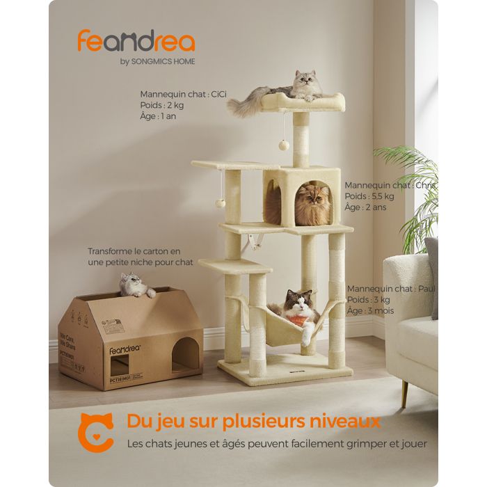 Comparer les prix de Arbre à Chat Hauteur 143 cm, avec 4 Poteaux à Griffer, 2 Plateformes, 1 Niche, 1 Hamac, 2 Pompons, en Tissu Peluche, Beige