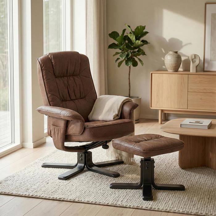 Fauteuil de relaxation avec repose-pieds CHARLY, en tissu brun et pieds noir