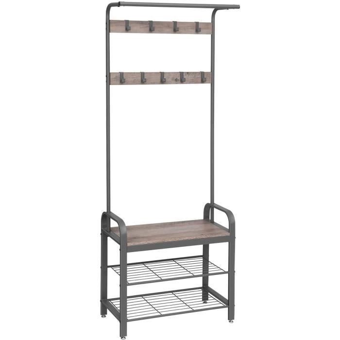 Meuble d'Entrée WOLTU, Portemanteau avec 7 Crochets Doubles, Banc et Étagère à Chaussures à 2 Niveaux, Noir+Marron Rustique, 60x31,5x170cm | Leroy Merlin
