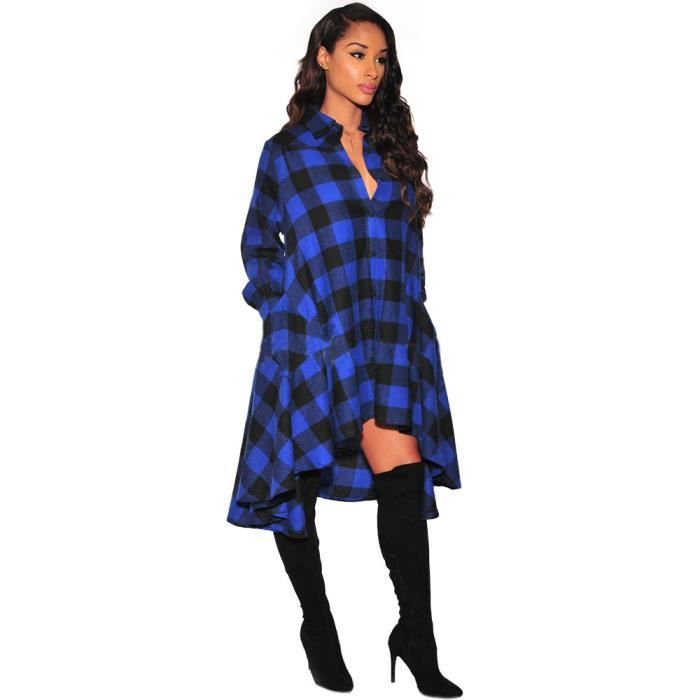 New Chic Femme Chemise Chemisier Pull Blouse T-shirt Longue A Carreaux Haut  Top Manches Longues Robe Asymétrique Bleu - Cdiscount Prêt-à-Porter