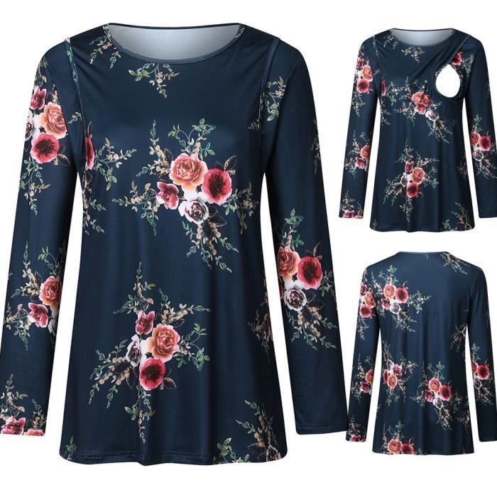 Chemise De Nuit Rayée à Manches Courtes Spécial Maternité Bleu Fonce