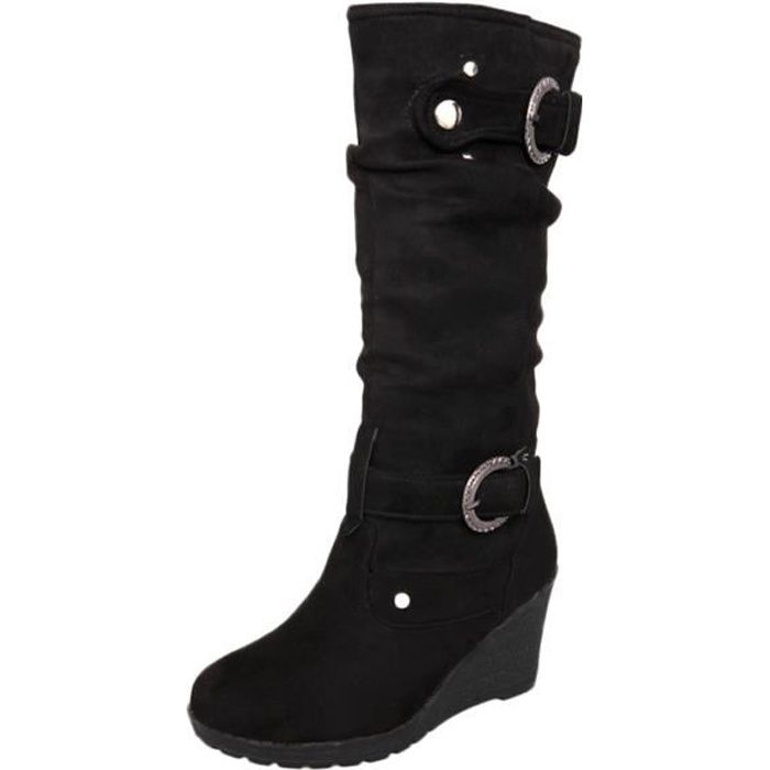 Chaussures plates d'hiver pour femmes à bout rond épaissir compensées pour dames bottes à tube long