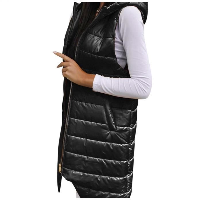 Gilet Veste Mi Longue A Capuche Pour Femme Avec Fermeture Eclair Et Poche Sans Manches Le noir Le noir Cdiscount Pret a Porter