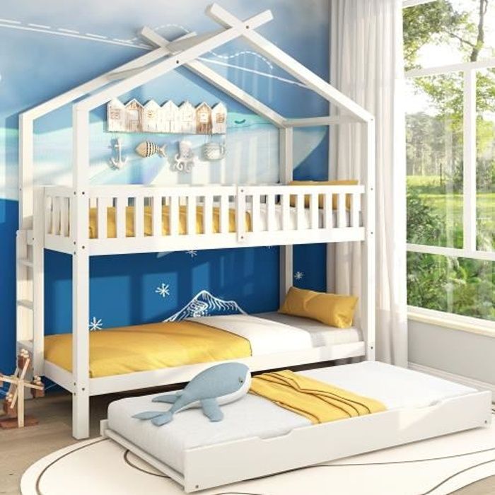 lit superposé 90x200 cm, lit maison, lit jeune, lit triple, extensible, design peu encombrant, lit d'enfant matelas non inclus blanc