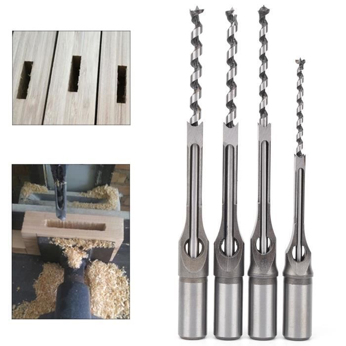 6pcs Perceuse trou carré bédane burin set, Ensembles de forets à trou carré pour transformation du bois, mortise Chisel & Bit Set forets carrées pour scie cloche, 6 dimensions