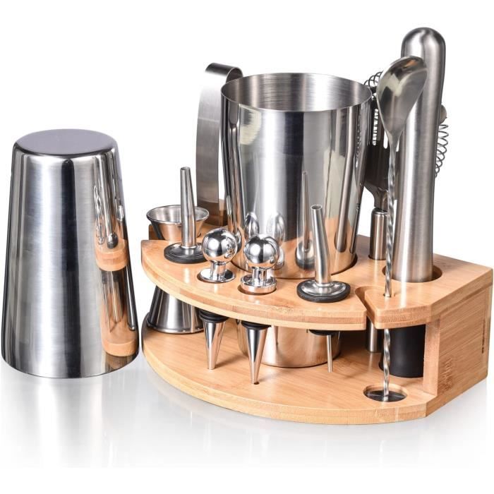 Ensemble shaker à cocktail, 14 pcs, accessoire pour barman Boston en acier inox avec support en acrylique, cuillère à mélanger, pilon, doseur, passoire, verseur à liqueur, tire-bouchon, argent | FR
