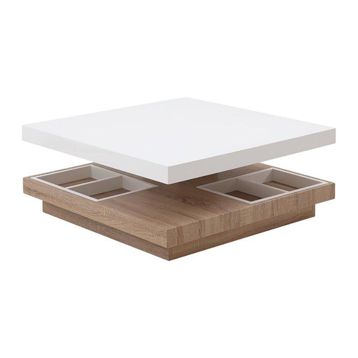 Table basse - Plateau pivotant - MDF laqué blanc et chêne - FAUSTO II