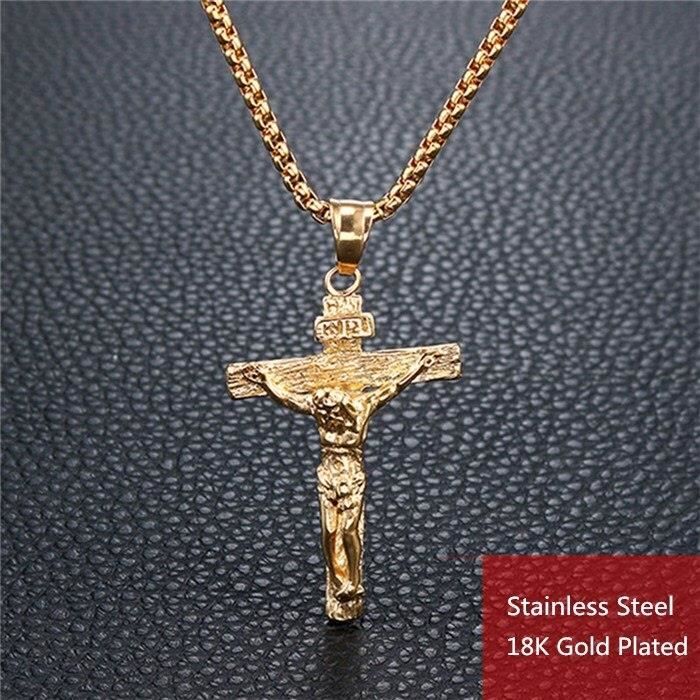 Collier Homme Croix Catholique PROSTEEL - Pendentif Crucifix Acier Inoxydable Or