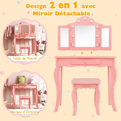 Coiffeuse Enfant En Bois Avec Chaise Et Miroir - Table Maquillage Fille Fleur Rose, Tiroir Et Rangement