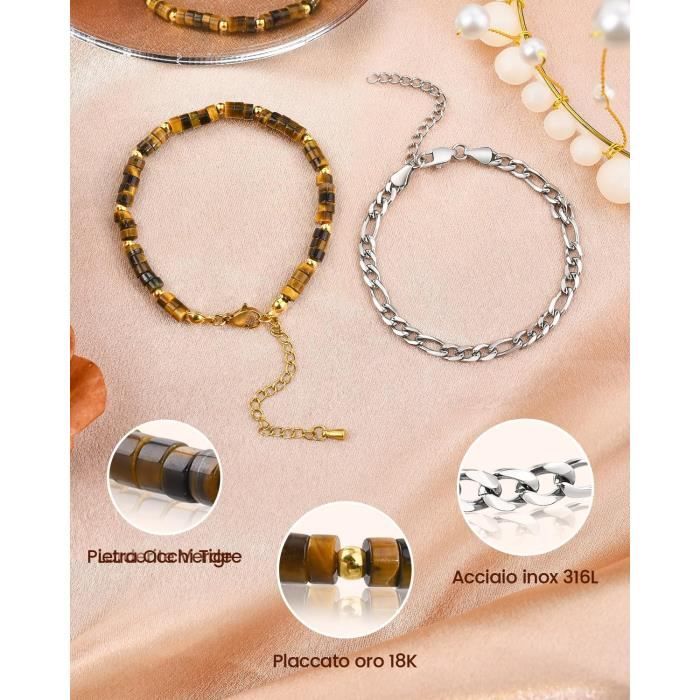 Bracelet Perles de Pierre de Lave Homme Femme Acier 316L Plaqué Or