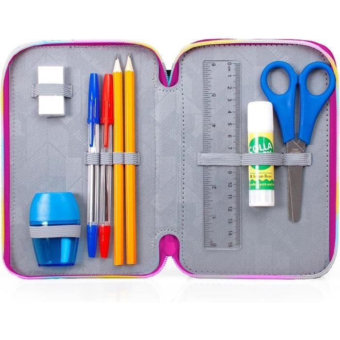 Trousse Scolaire Triple Compartiment Avec 44 Accessoires - Stylos, Crayons, Feutres, Ciseaux - Dimensions 12,5 X 20 X 7 Cm - 11