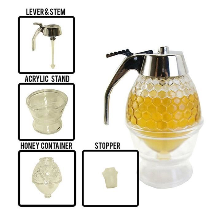 Distributeur de miel en verre anti-goutte avec support, pot à Distributeur de miel en verre anti-goutte avec support, pot à