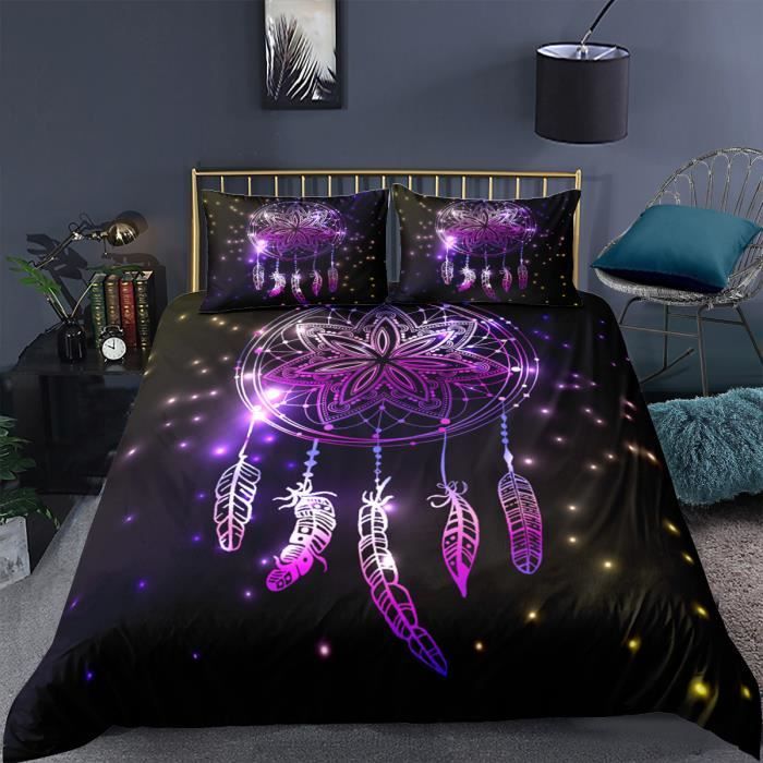 Panneau De Couette Brodé Motif Crâne Et Plumes Violet/noir - Fait Main - Pour Quilting