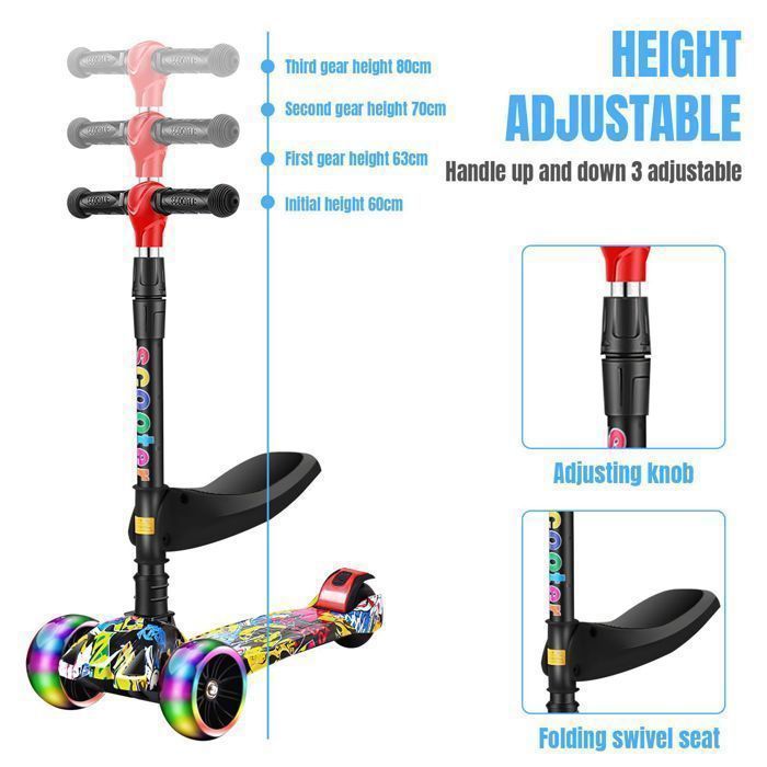 Trottinette 2 En 1 Avec Siège Amovible – 3 Roues, Guidon Réglable 60-76 Cm, Roues Flash, Frein, Dès 2 Ans