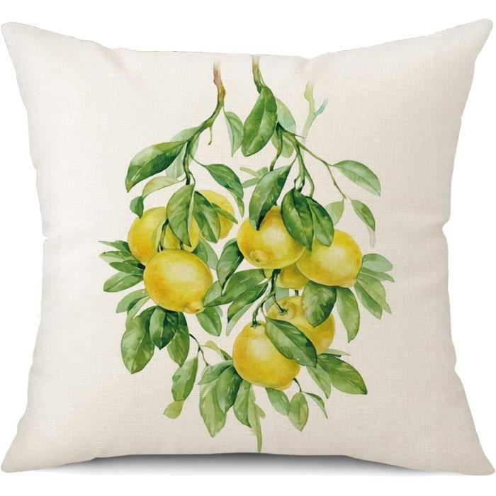 4 Housses De Coussin 40x40 Cm Motif Citron - Lin Polyester - Décor Scandinave Jaune Vert
