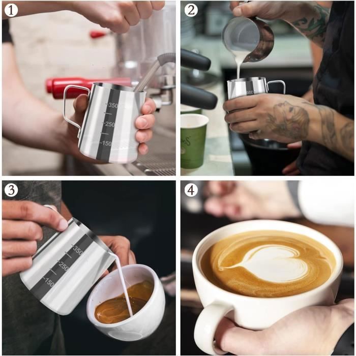 Pichet à Lait Inox 304 - 350ml Pour Café Et Latte Art | Accessoire Barista Avec Marqueurs De Mesure | Design Anti-Goutte