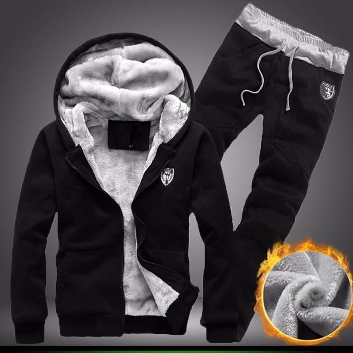 Hommes Survêtement Chaud Polaire Sport Sweat À Capuche Manteau Hoodies +  Pantalon Sueur Suit Noir