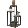 Support à fleurs style industriel 5 niveaux - porte plante 4 étagères - acier époxy noir aspect bois foncé-3