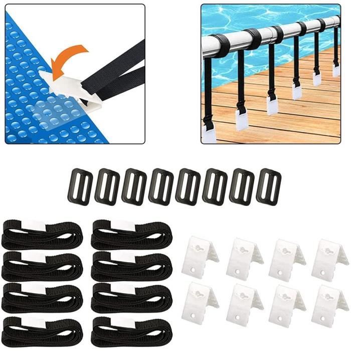 Poweka Kit de Fixation pour Bâche Solaire de Piscine, Kit de Sangles de Couverture Solaire pour Piscine Universelles - Comprend 10 Sangles de Bobine et 10 Boucles (10 Ensembles