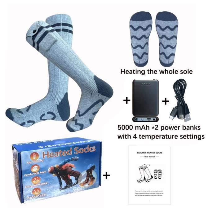 Chaussettes chauffantes électriques unisexe à 4 réglages de température avec  banque d'alimentation portable pour hiver Gris - Cdiscount Sport