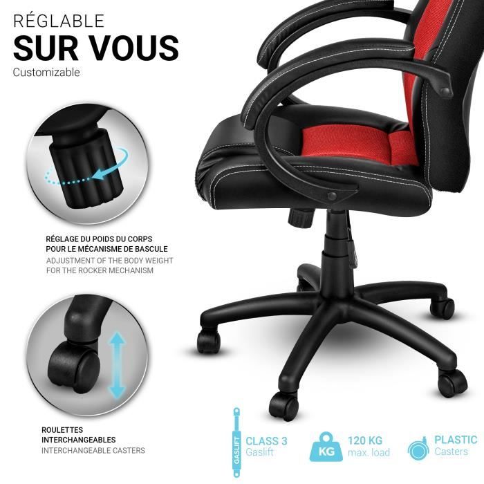 TRESKO Chaise de bureau, Fauteuil de bureau RACING SPORT GAMER Noir - Rouge  Rembourrage Épais - Hauteur Réglable - Cdiscount Maison