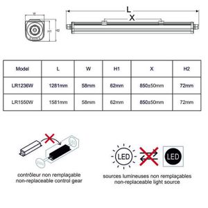 Réglette LED Étanche 150 Cm 46.5W IP66 5600lm – Blanc Chaud 2300K à 3500K, 120 Lm/W