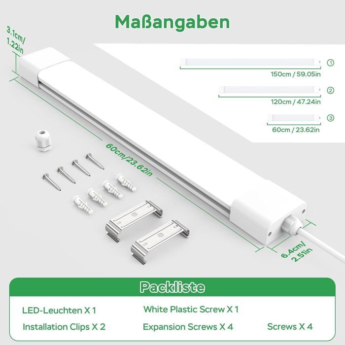 Plafonnier LED étanche IP65 - 120/150 Cm - Pour Garage, Atelier, Pièce Humide - 18W/24W