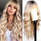 ZIG-ZAG TERRITOIRES Perruque Blond Ombré Pour Femme Avec Frange,Naturelle Longue Bouclée Cheveux Synthétiques Perruque Avec Racine Foncée Pour La Fête