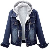 2023 Veste en jean hiver femme à Capuche Manches Longues Doublée Veste en jean avec fourrure Veste d'hiver chaude--bleu