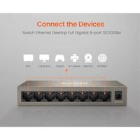 TENDA Switch de bureau 8 ports Gigabit 10/100/1000M RJ45, refroidissement passif, 9-12 V, Plug&Play, boîtier en métal, TEG1008M