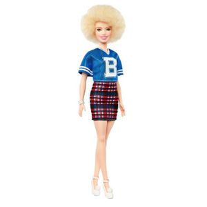 POUPÉE Barbie Fashionistas poupée mannequin #91 blonde platine, t-shirt bleu et jupe quadrillée, jouet pour enfant, FJF51