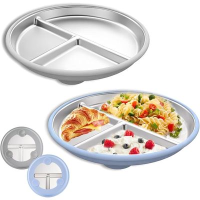 Lot De 2 Assiettes Compartimentées Bébé En Acier Inoxydable Avec Couvercle Et Poignées Silicone - Incassables