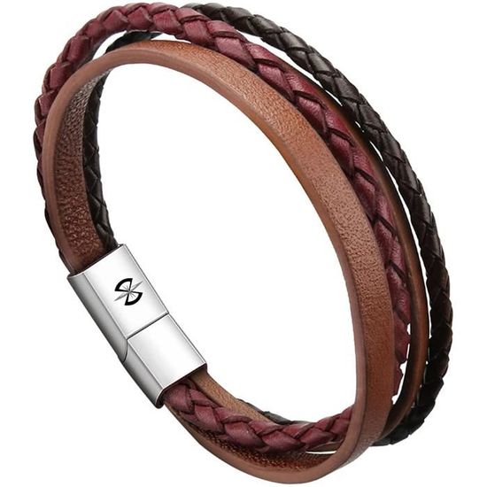 Bracelet Homme En Cuir Véritable Et Pierre Naturelle - Fermeture Magnétique, Design Tissé, Cadeau Idéal - 11