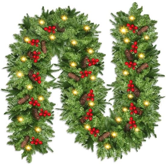 POWLYB Guirlande De Noël Lumineuse Sapin Artificiel 2.7M - Décoration Rotin Avec LED Pour Porte Et Cheminée