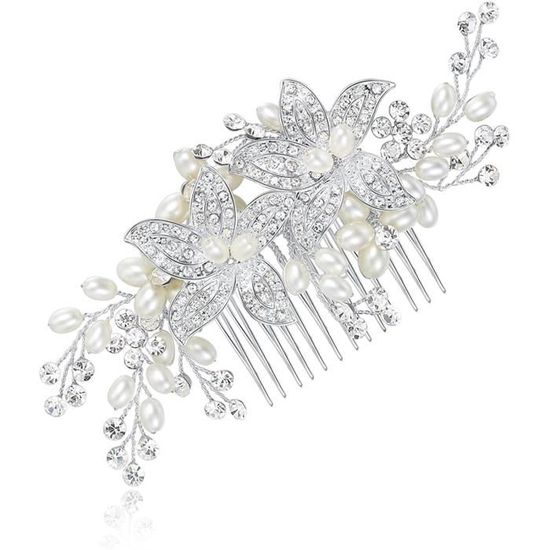 Peigne De Mariée En Fleur De Céramique Blanche – Or, Perles, Fil Flexible – Pour Coiffure Côté Ou Dos – Accessoire Romantique Pour Mariage, Soirée