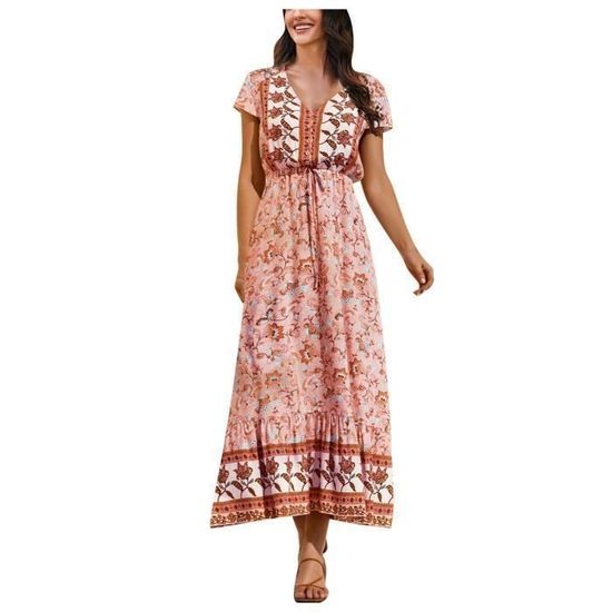 Robe Femme été Courte En Dentelle Jacquard - Col En V, Manches Courtes - Style Bohème Pour Plage, Fête, Vacances
