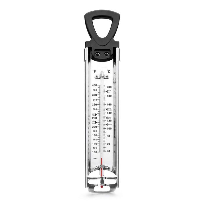 THERMOMETRE A SUCRE INOX ET VERRE - DE QUALITE SUPERIEURE - LONGUEUR 30 CM - TEMPERATURE + 200 C - ECRAN SANS MERCURE