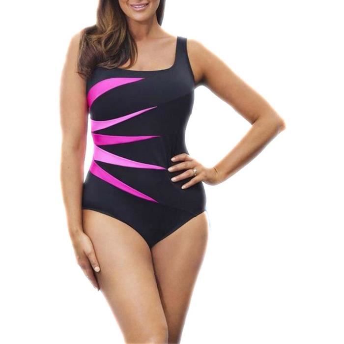 Maillot de Bain Femme 1 Pièce Grande Taille pour Natation Amincissant Rembourré Dos Nu à Bretelles avec Rayure Violet (Noir)