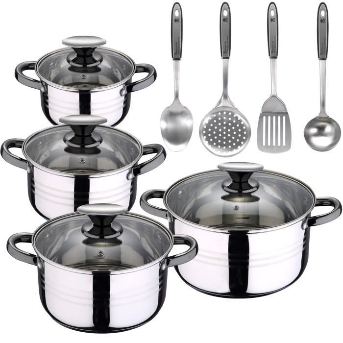 Batterie de cuisine convient induction San Ignacio Hita 8 pcs + set 4 ustensiles de cuisine tout acier inox