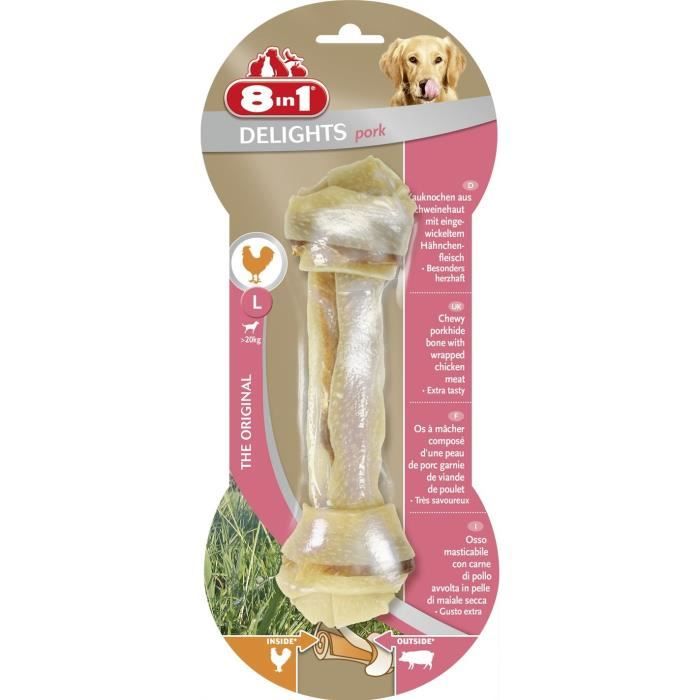 8in1 Os à mâcher au porc Delights - Taille L - Pour chien - Carton de 6 sachets