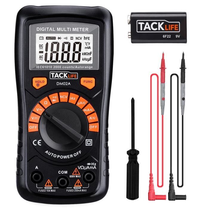 Multimètre Numérique Classique, Multi-Testeur TACKLIFE avec Détection de Tension sans Contact, Ecran LCD Rétroéclairé - DM02A