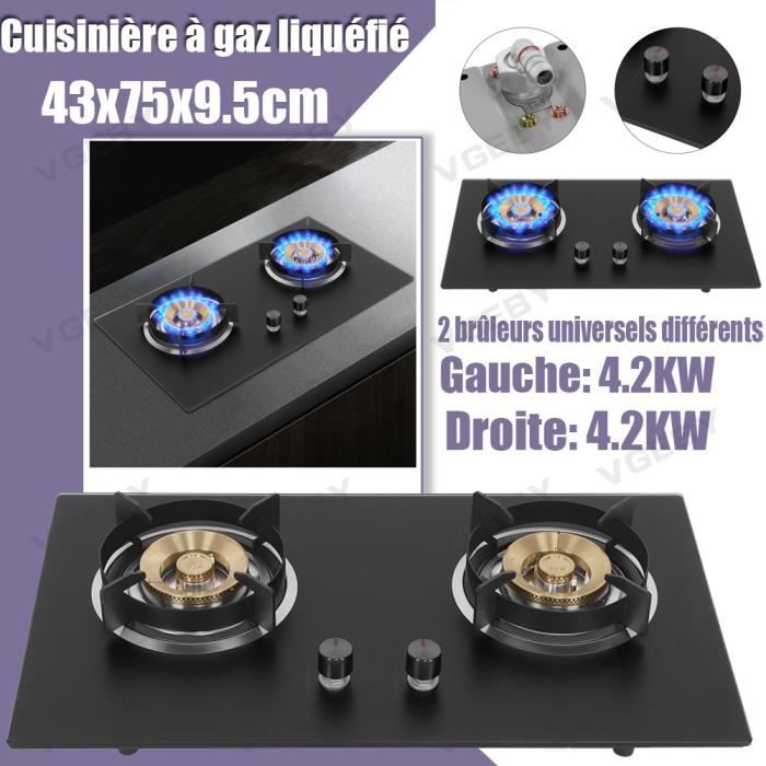 Plaque de cuisson gaz - 2 foyers - 43x75x9.5cm - Revêtement verre trempé - Noir SIE20