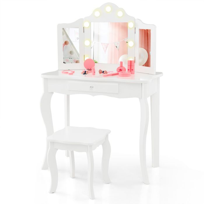 coiffeuse enfant - dreamade - 9 lumières led - eclairage à 3 couleurs - miroir tripliant pliant - charge 30kg - 3+ ans - blanc
